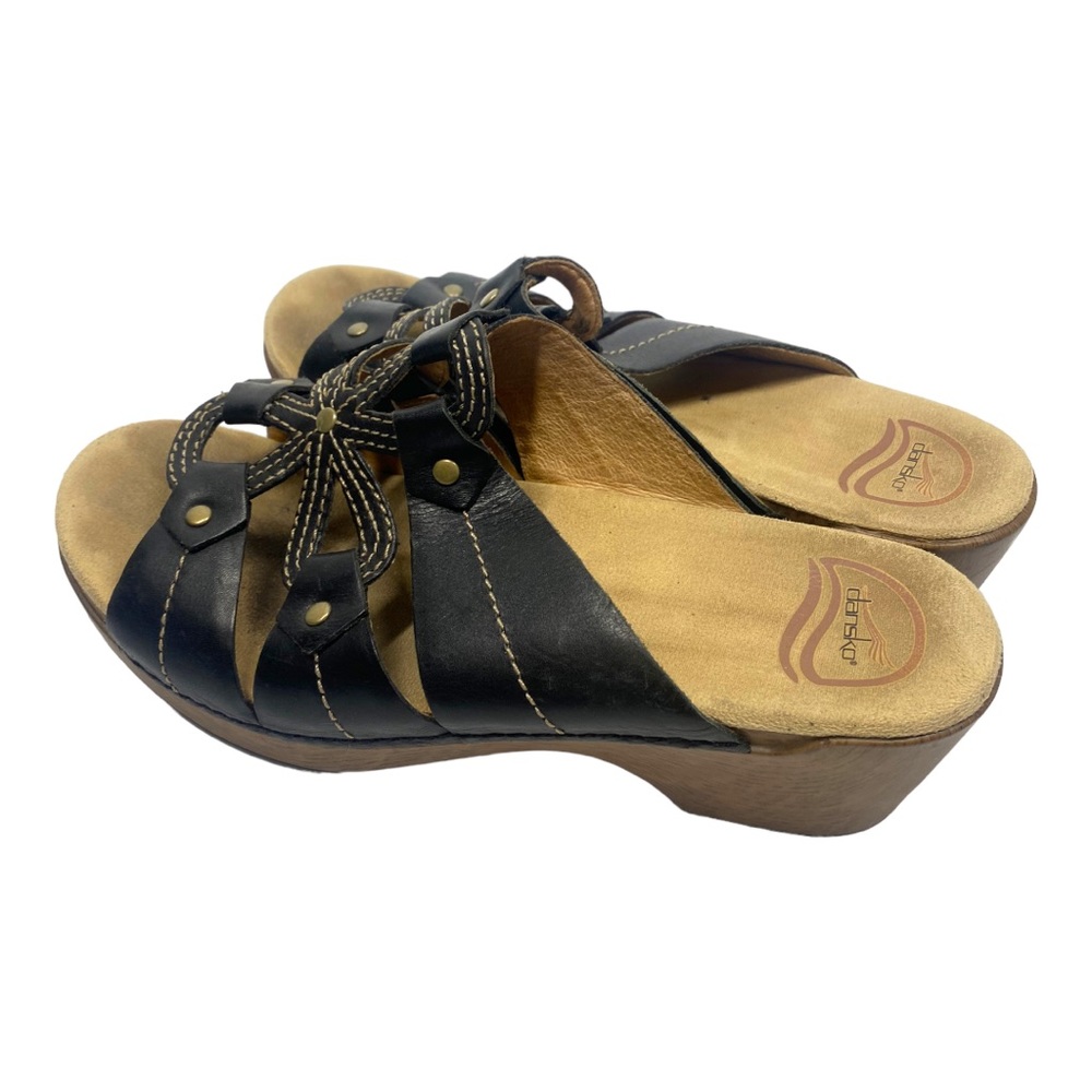 Dansko Black Leather Floral Strap Clog Mules with Wood-Tone Heel - Picture 2 of 9